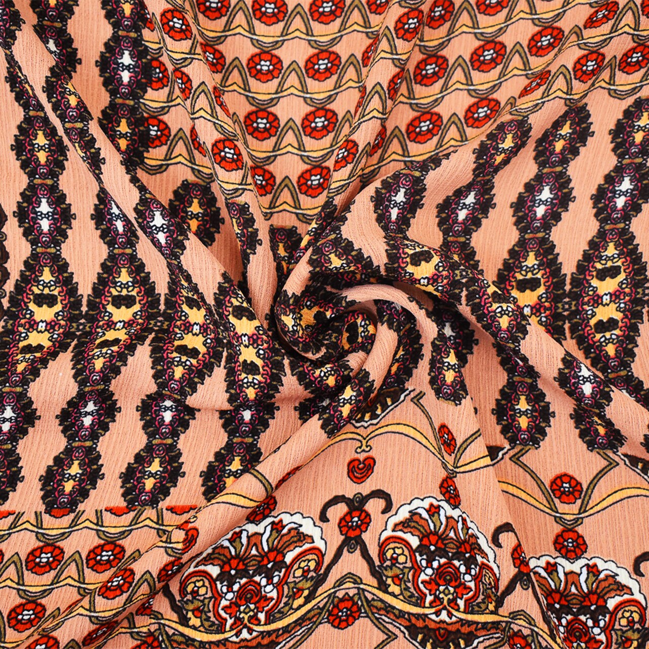 Peach-Red-Multi Moroccan Floral Printed Poly Crepe Georgette Woven Fabric By the Yard